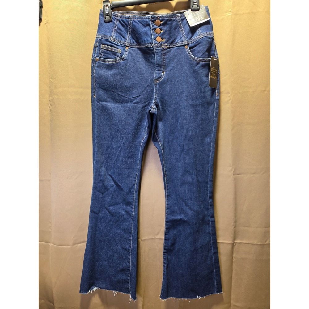 Bold Elements Cut to Curve High Rise Crop Flare Jeans Blue 6 NEW